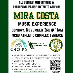 Mira Costa Music Experience on Sunday, November 3, from 11:00 AM-1:00 PM, at the MCHS Athletic Complex Terrace